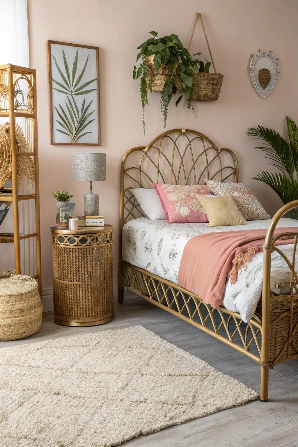 Rattan and metal develop an edgy, chic bedroom design.