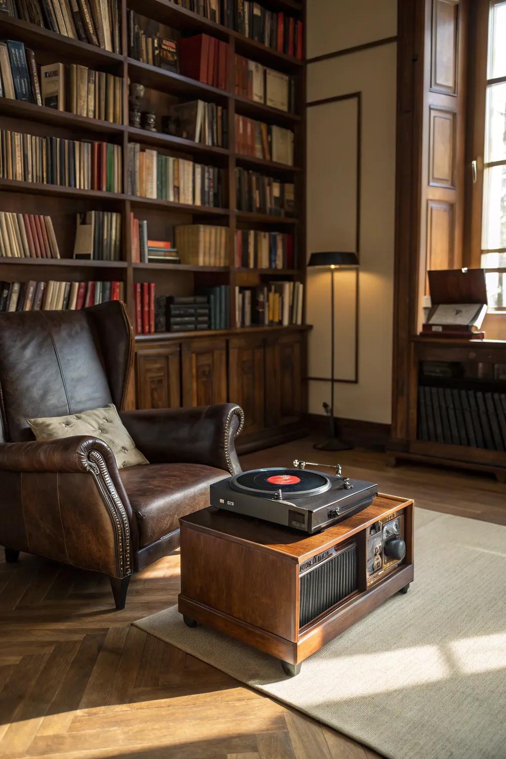 Library look with a record player setup.