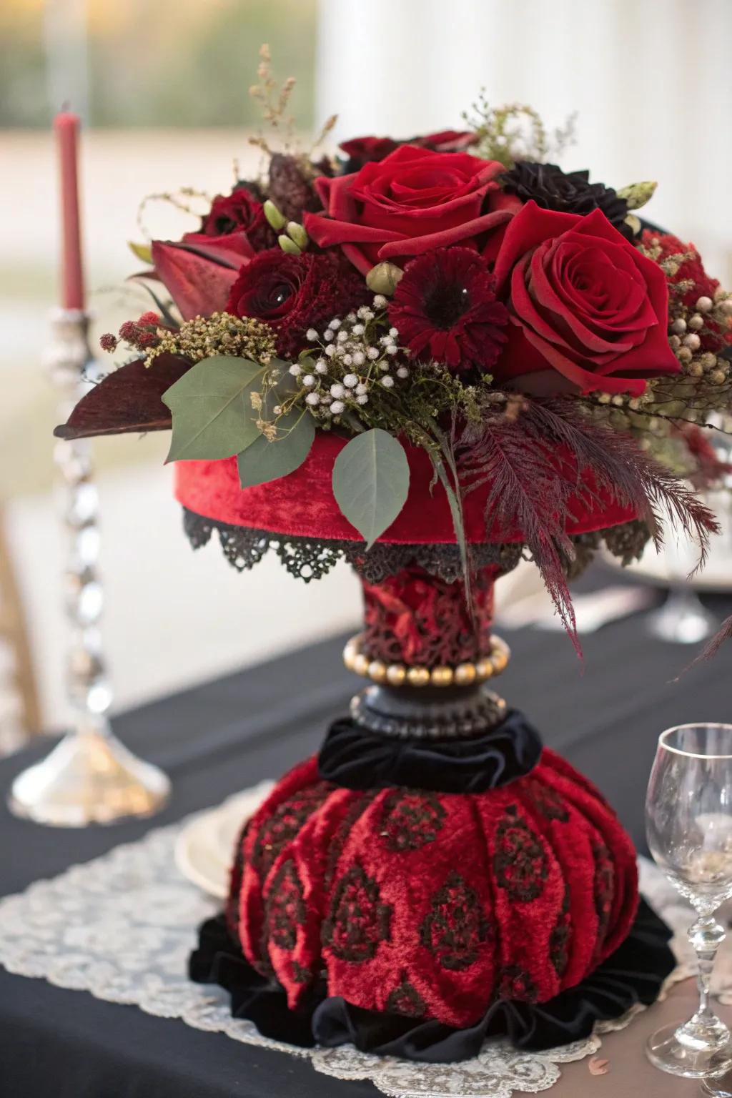 A luscious display blending velvet and ribbon which contains scarlet plus charcoal tones exhibiting gracefulness.