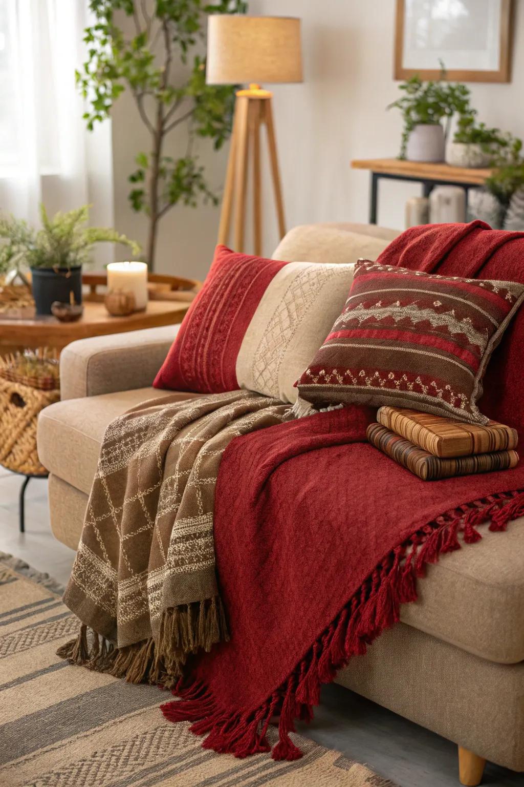 Layered textiles add dimension and warmth to a living room.