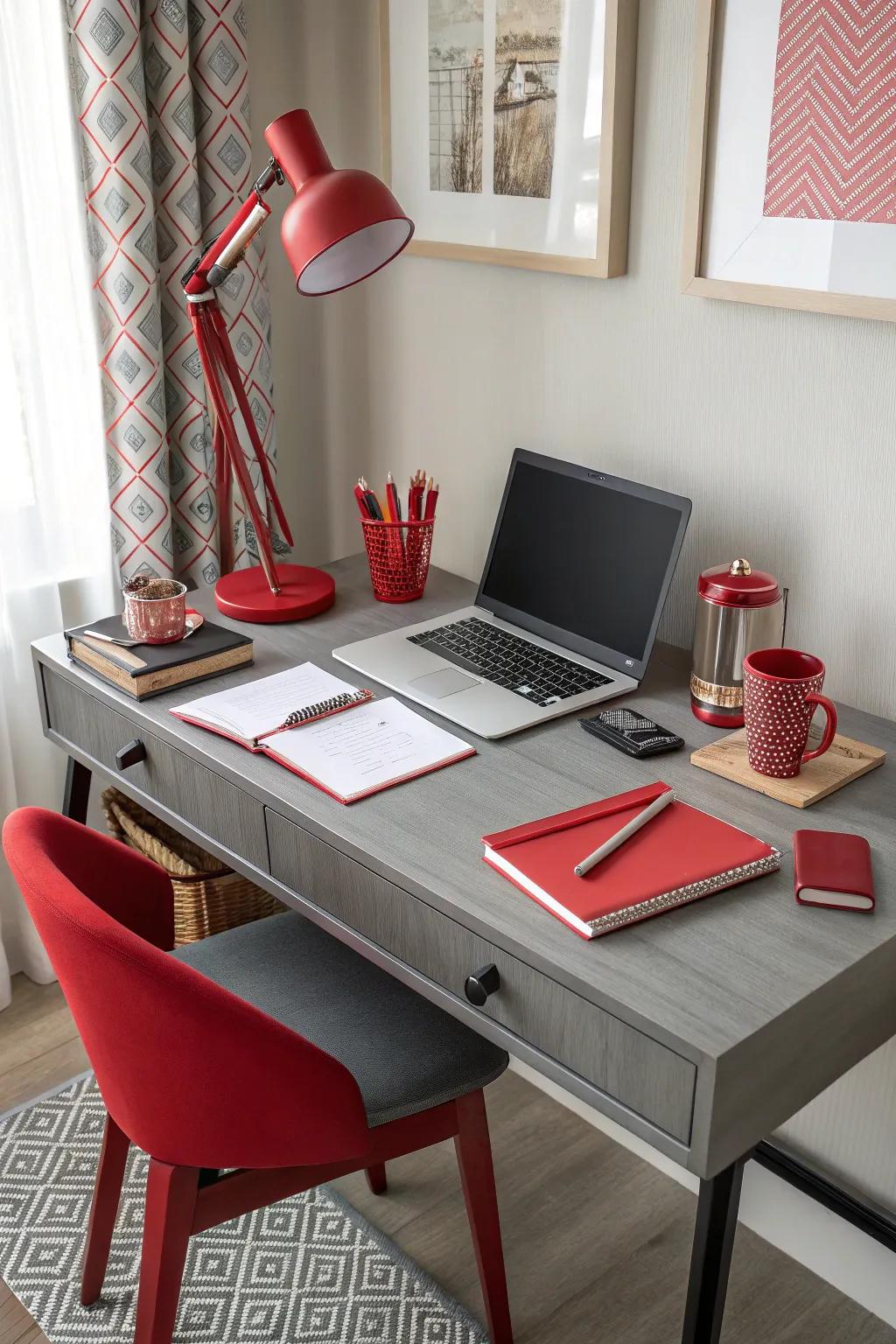 A home office showcasing an ash desk and vivid scarlet accessories.