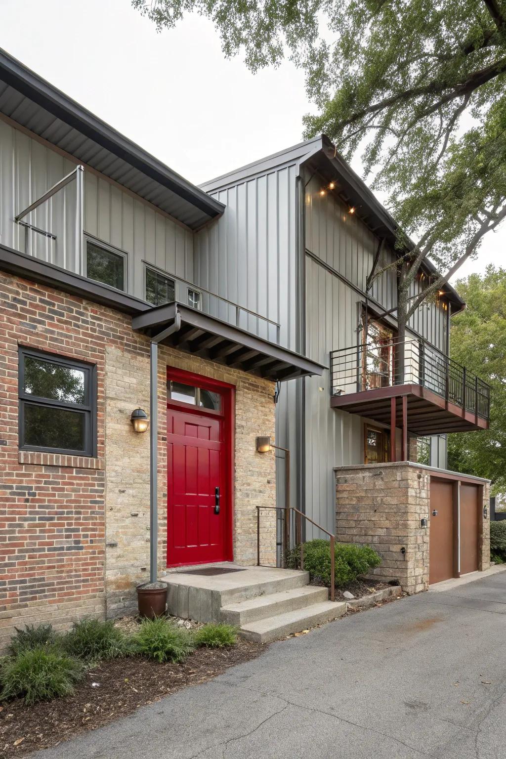 Industrial home with a red door, adding warmth to the edgy design.