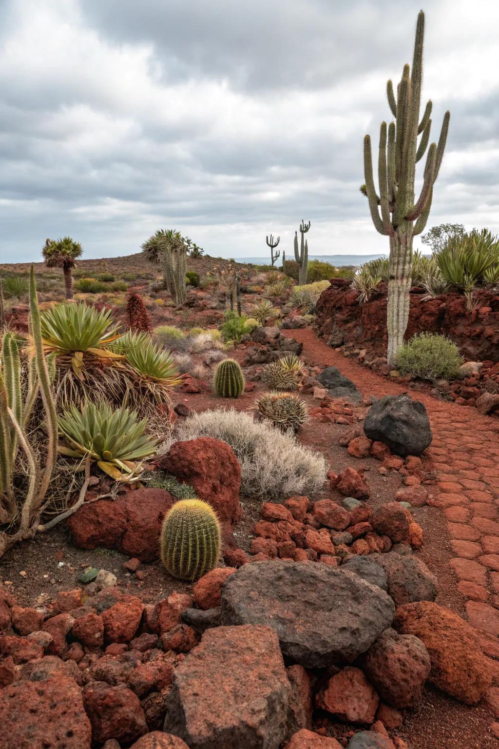 Scarlet igneous stones accentuate the allure of this desert scenery layout.