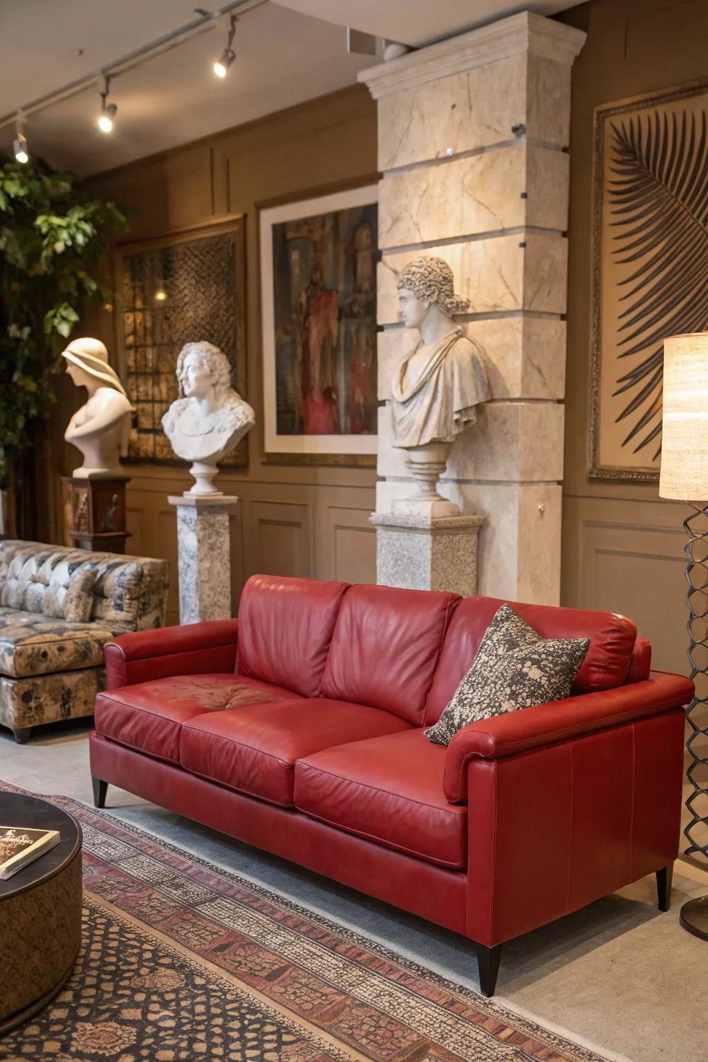 Artistic figures add grandeur and intrigue to a family room that features a crimson hide lounge.