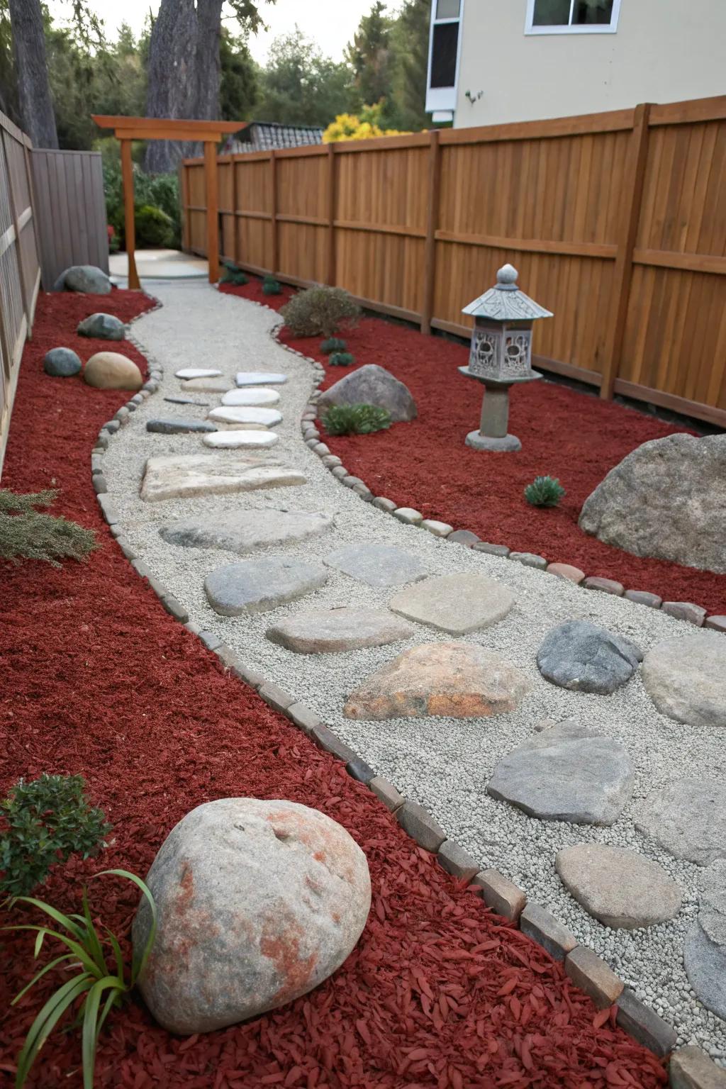 Scarlet ground cover helps fashion a serene Zen garden nook for leisure.
