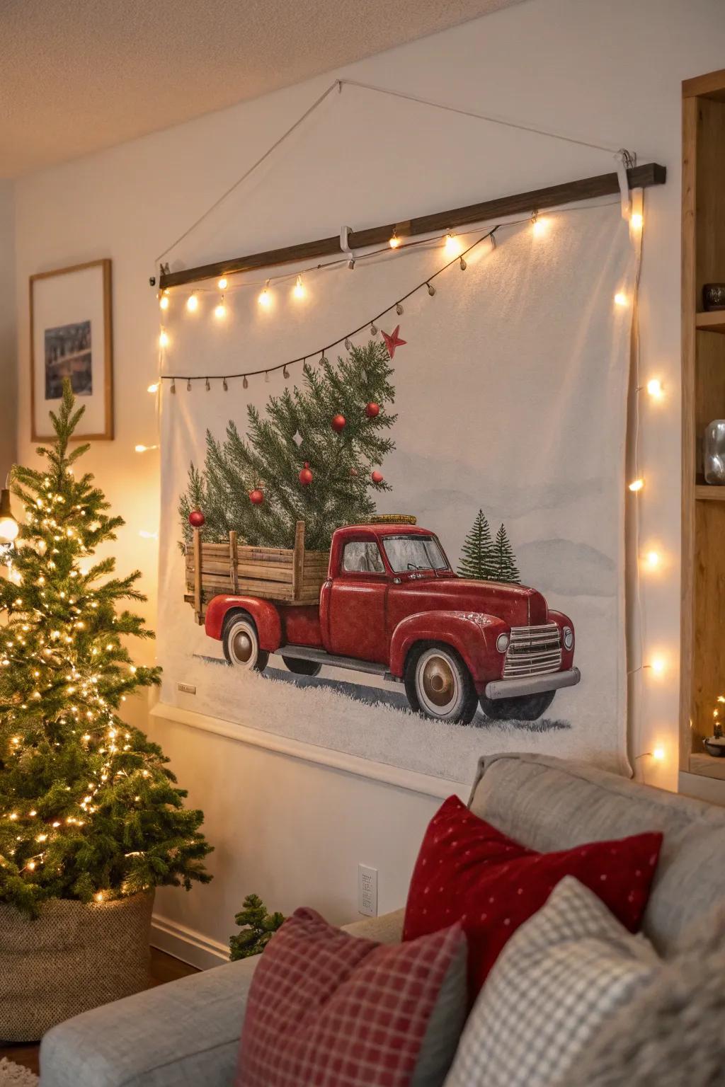 Festive wall art featuring a red truck and Christmas tree.