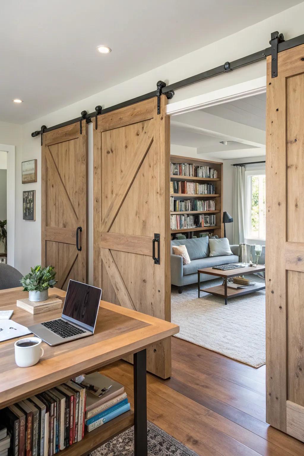 Divide your areas with design using movable dividers like barn doors.