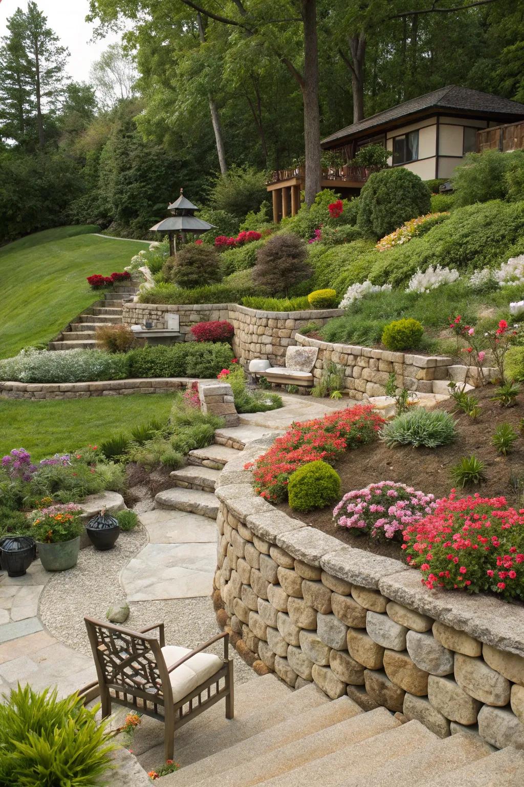 A garden creatively divided into themed sections through the use of landscape walls.