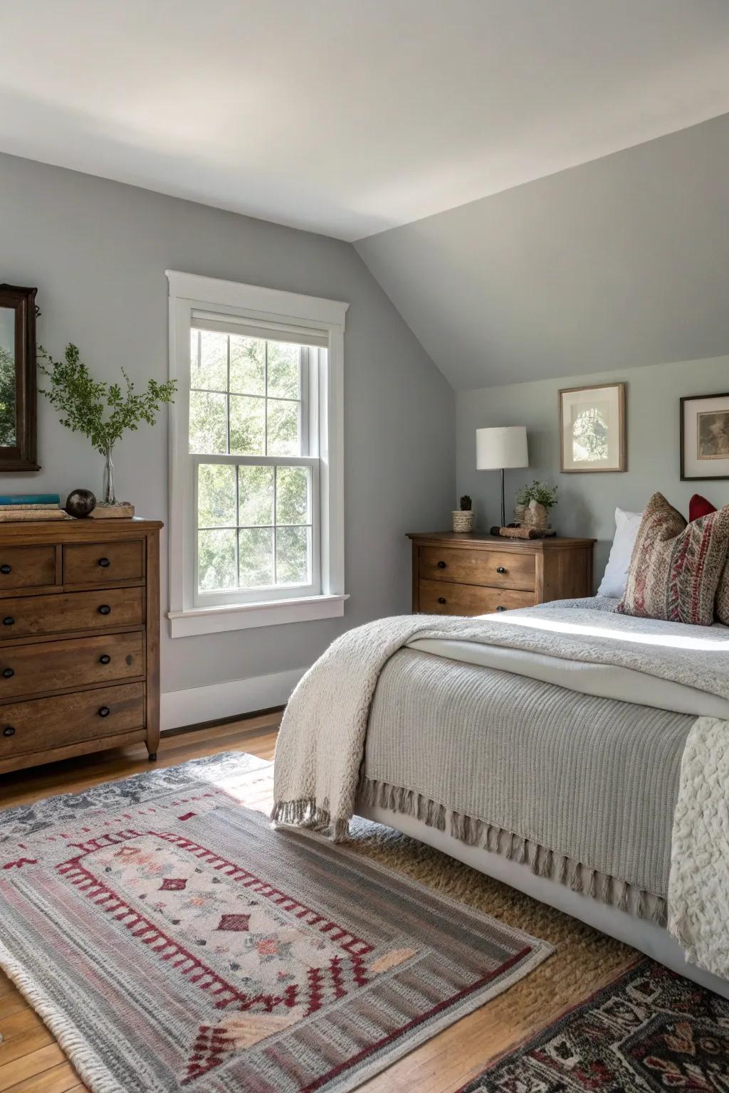 Layered floor rugs add coziness and visual interest to a Gentle Gray bedroom.