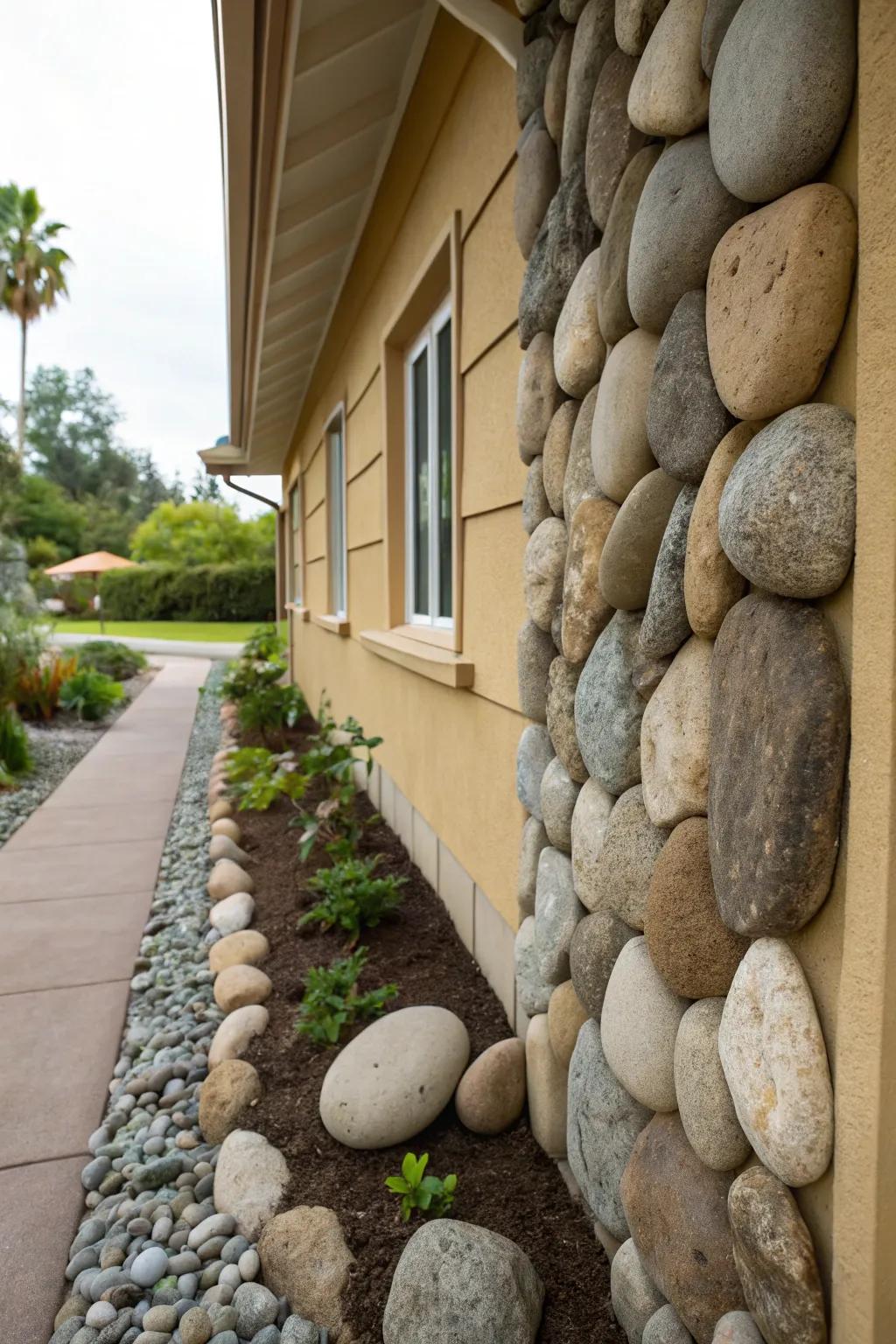 An artful river rock design adds beauty and protection to this home's foundation.