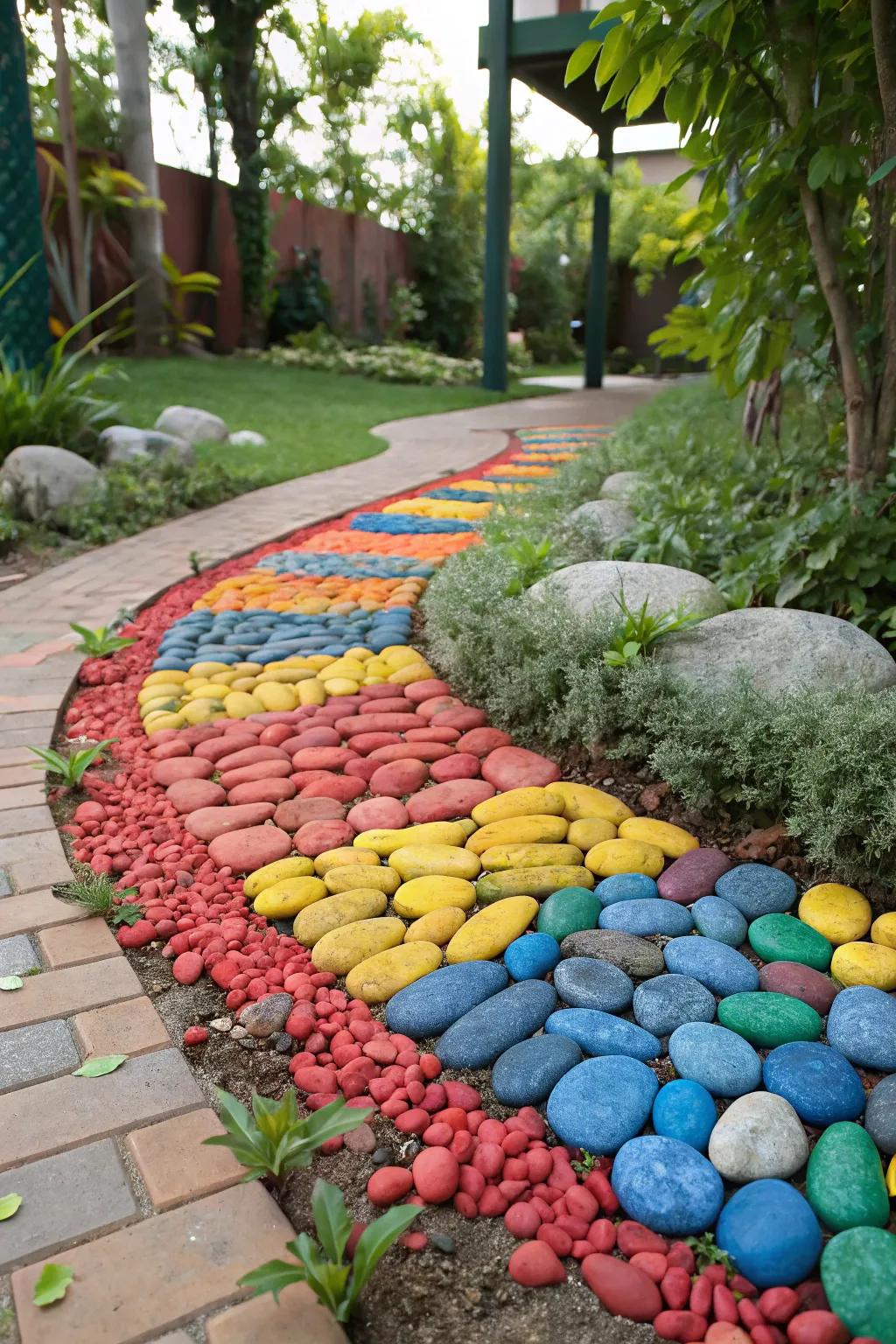 Colorful gravels making a whimsical and vibrant garden edge.