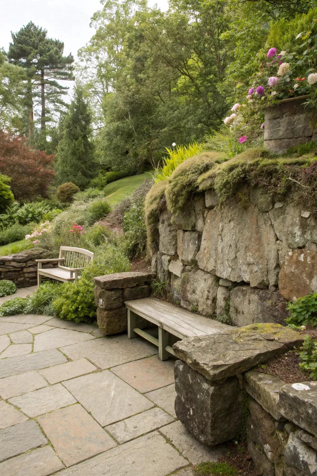 Integrated lounging featuring stone walls proffers functionality and enchantment.