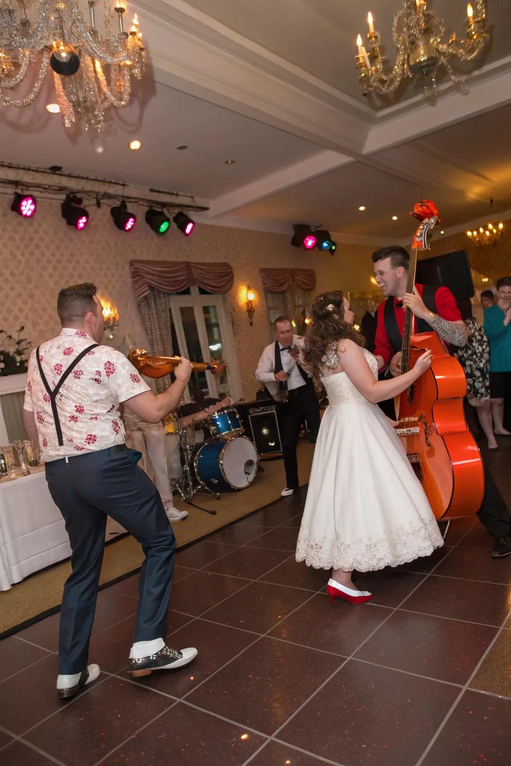 A live rockabilly band energizes the wedding celebration.