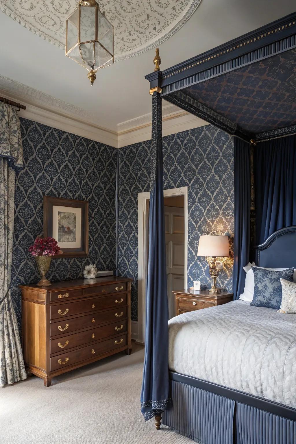 Textured wallpaper introduces elegance and depth to deep sea blue painted walls.