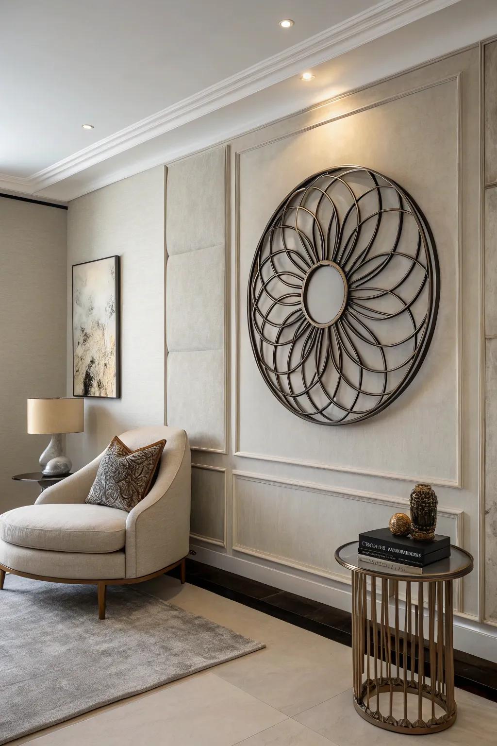 A contemporary room styled with a round metal form as a focal point.