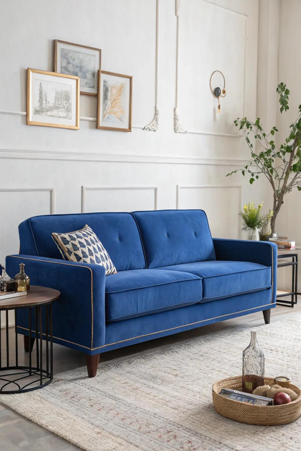 A simple setting allows the sapphire settee to shine in a tranquil space.