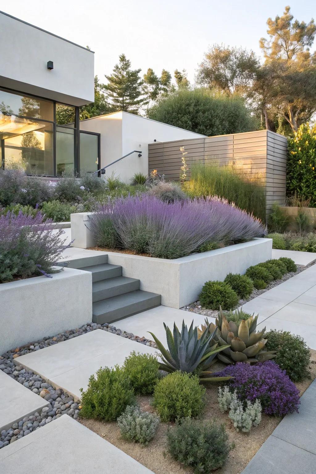 A modern garden with Azure Beauty and succulents.