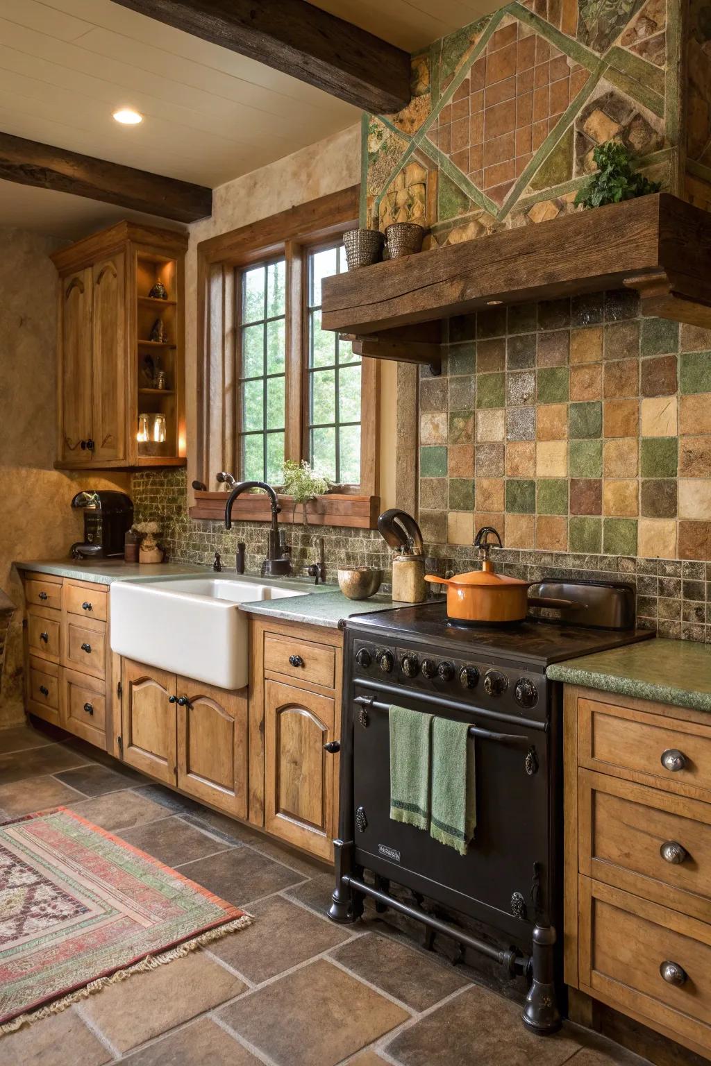 Nature-inspired tiles create a serene and harmonious kitchen atmosphere.