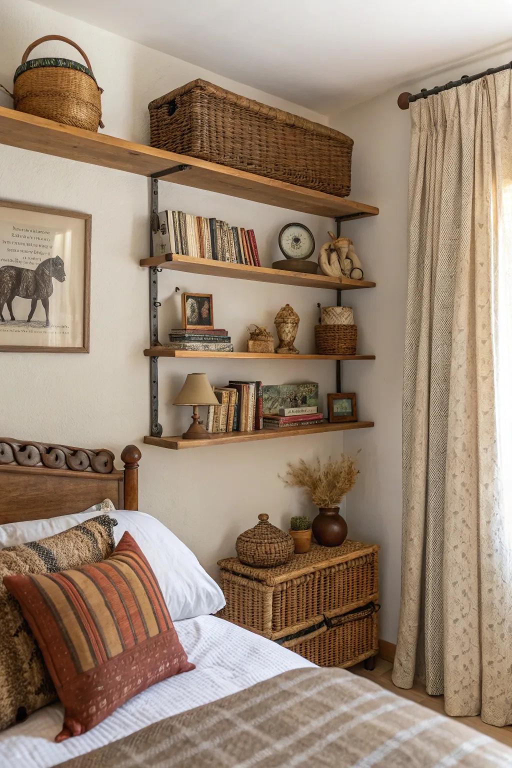 Wall-affixed shelving conserves space and adds interest.