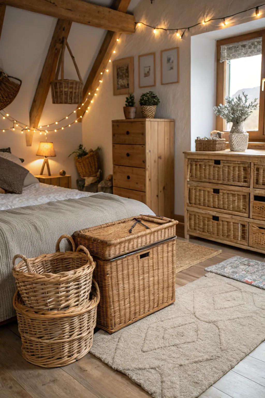 Wicker crates impart natural texture and functionality.