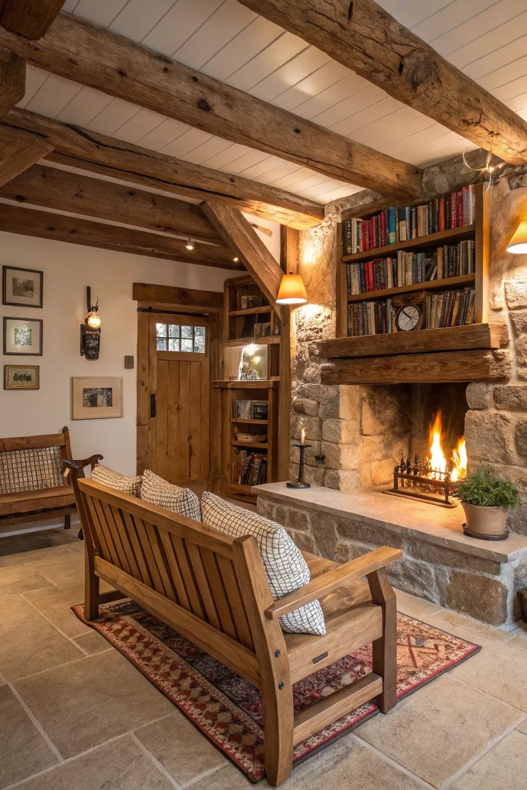 A fireplace bench creates an inviting gathering spot in the room.