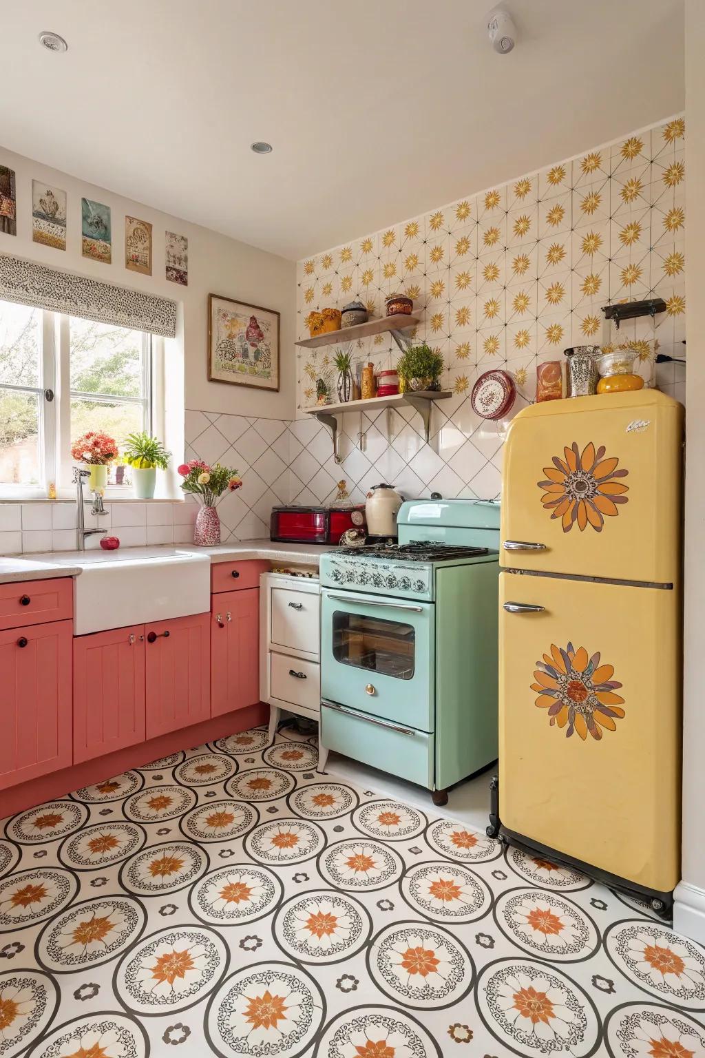 Classic vinyl tiles introduce color and nostalgia to the kitchen.