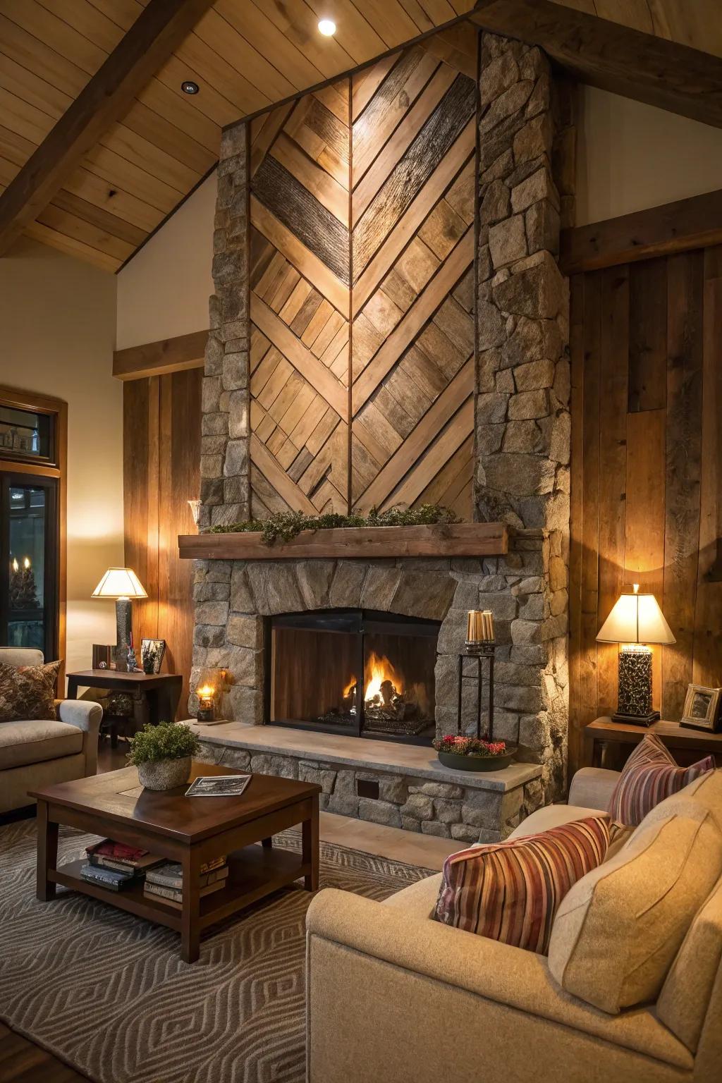 A highlight wall creates a stunning backdrop for this rustic fireplace.