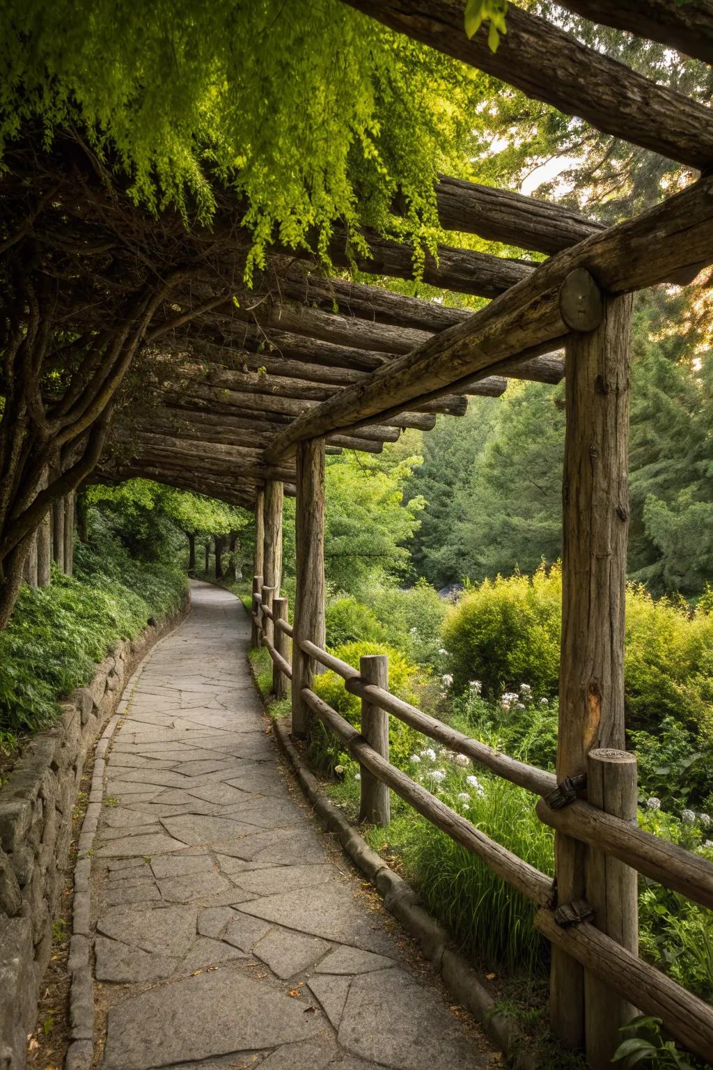 A natural timber canopy above a fencing establishes a shaded, inviting outdoor sanctuary.