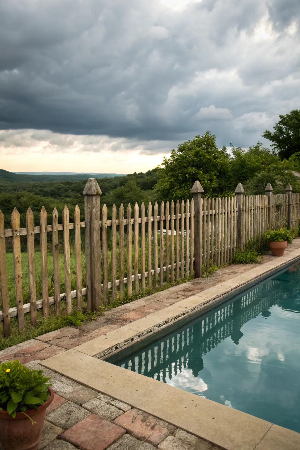 Chestnut picket fencing adding classic rustic appeal to the poolside.