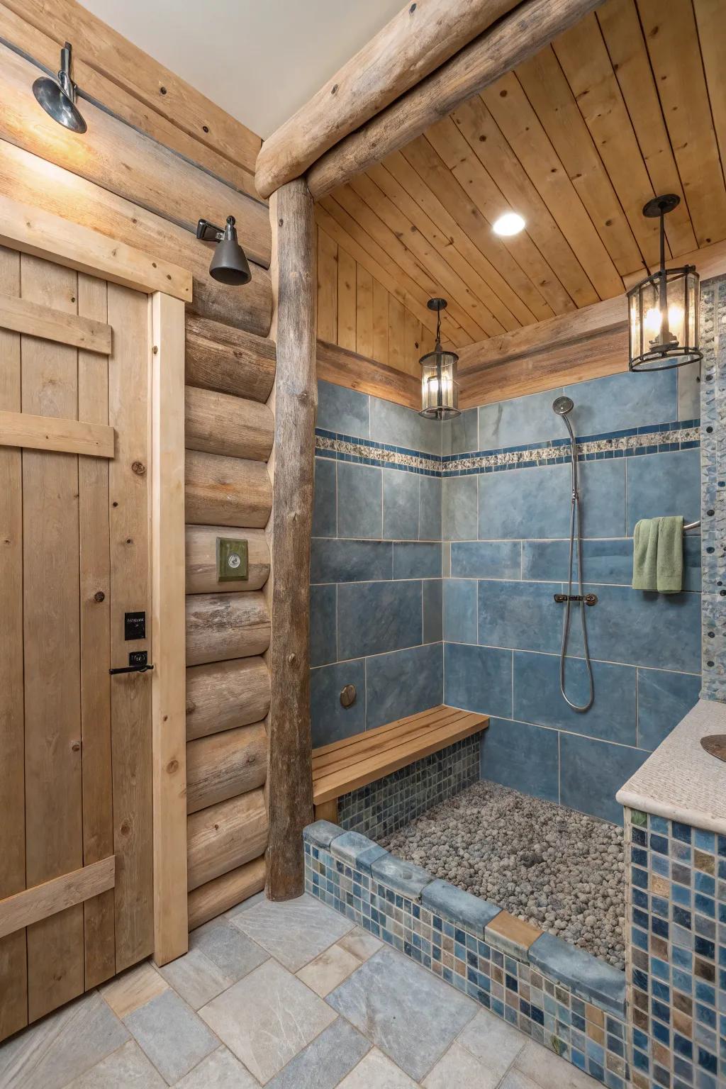A country-style shower featuring subtle azure highlights that add a calming, contemporary touch.