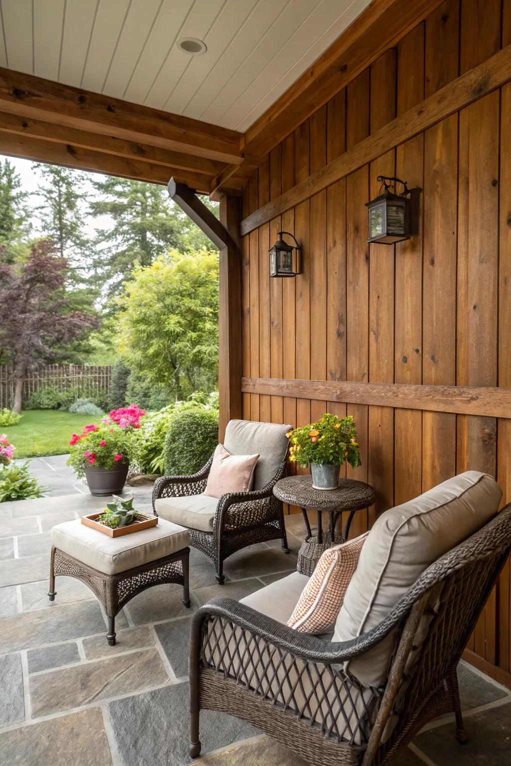 Exterior paneling fashions a snug, lodge-esque retreat on the veranda.