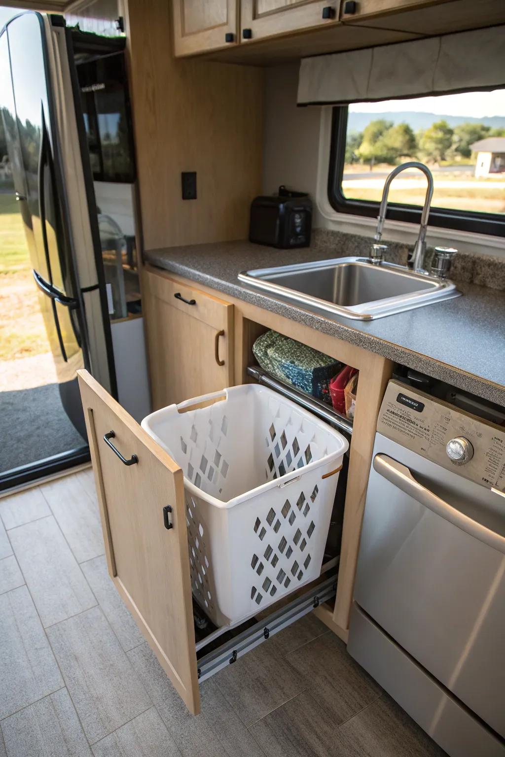 A pull-out hamper drawer for discreet laundry storage in an RV.