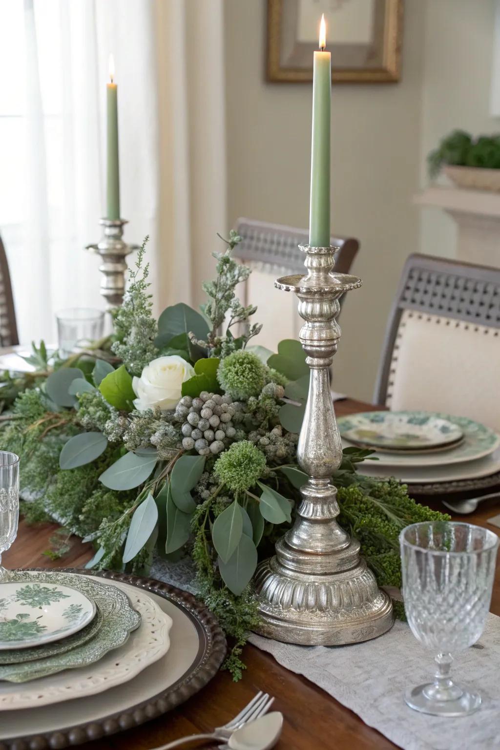 Sage green paired with silver crafts a sleek and graceful look.