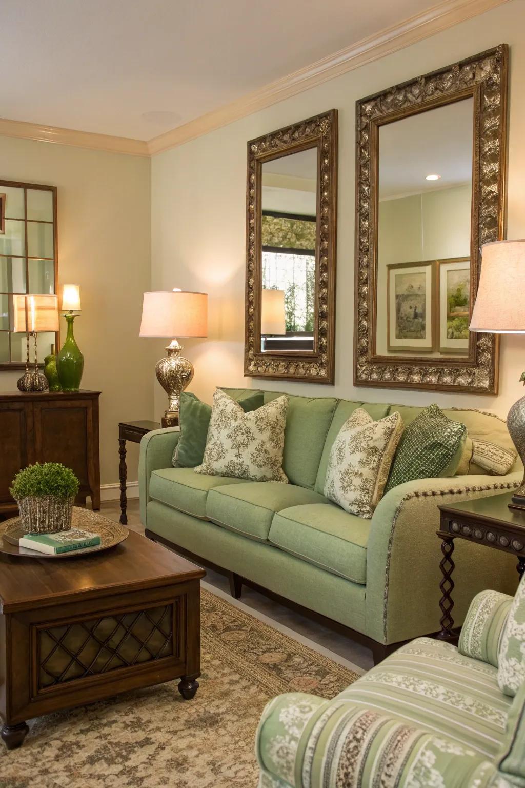 Reflective surfaces enhance space and light in a sage green room.