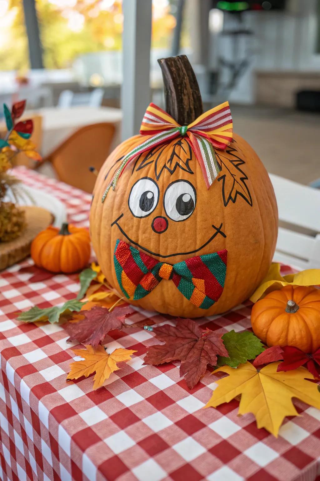 A festive knot tie dresses up the scarecrow pumpkin.