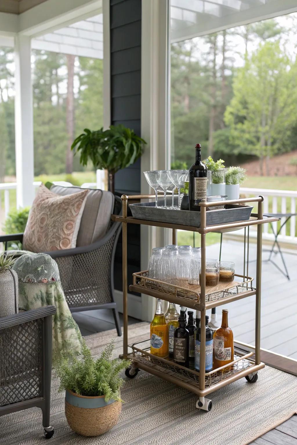 A mini mobile bar delivers a chic method to serve drinks on the porch.