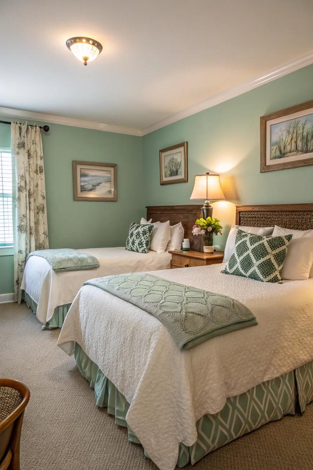 A refreshing guest room featuring calming seafoam green walls.