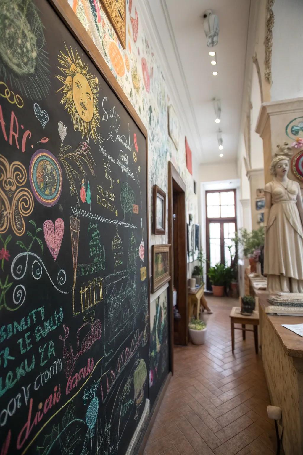A chalkboard wall invites creativity and interactive selfies.