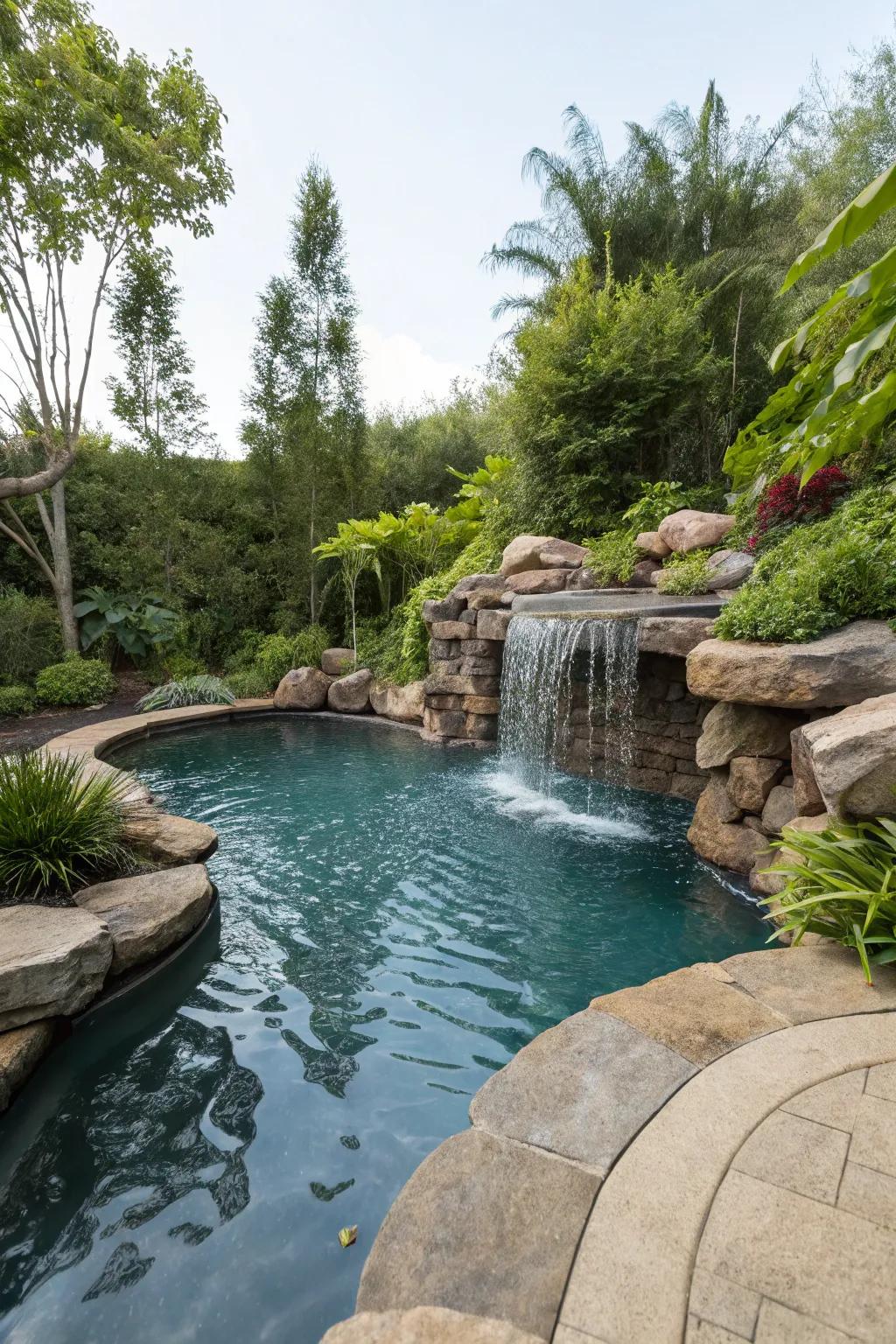 A semi inground pool with a calming cascade that enhances relaxation.