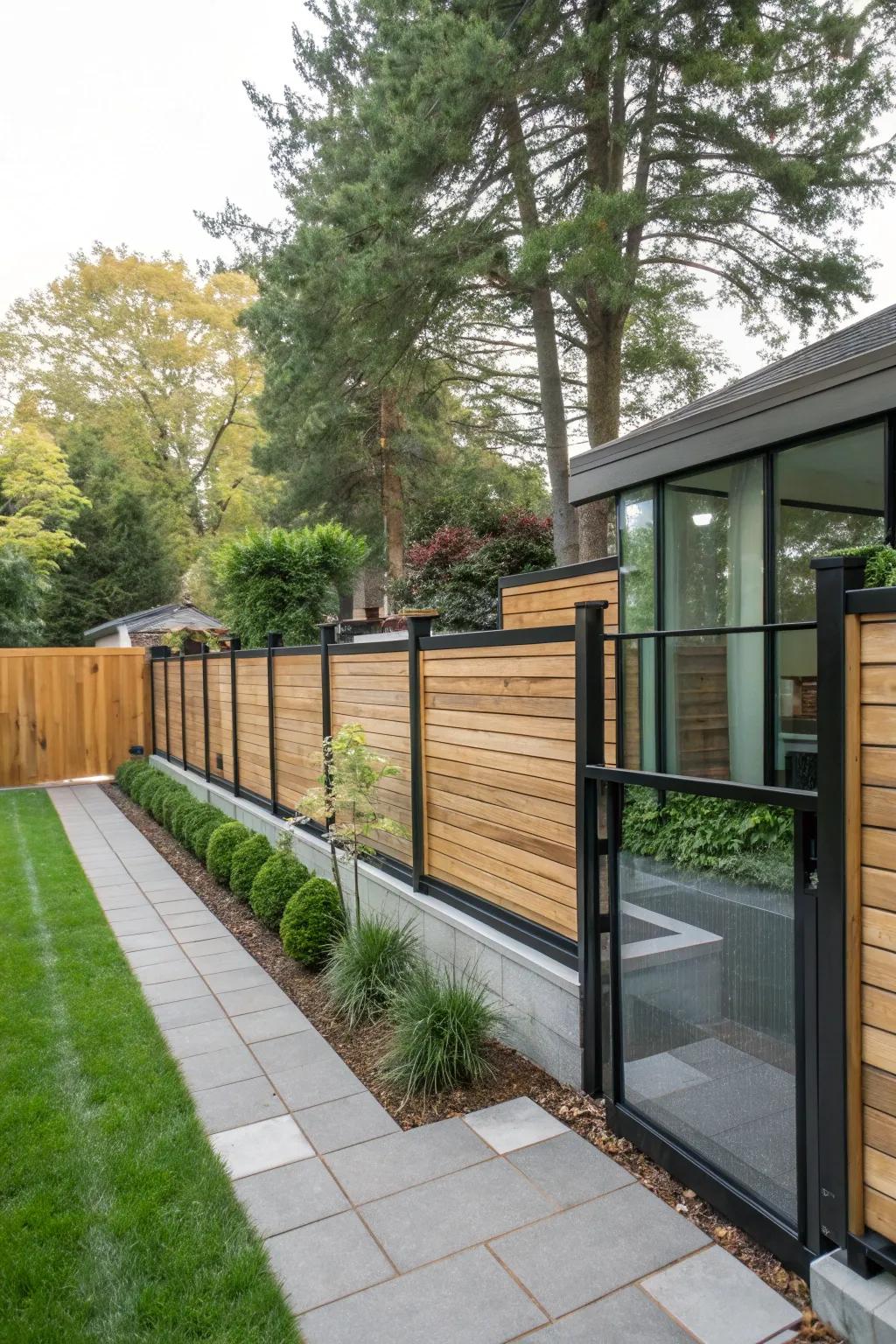 A mixed media fence contributes layers and intrigue to this chic outdoor setting.