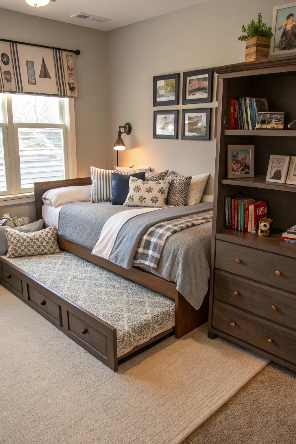 Adaptable furnishings adjust to changing needs in a shared room.