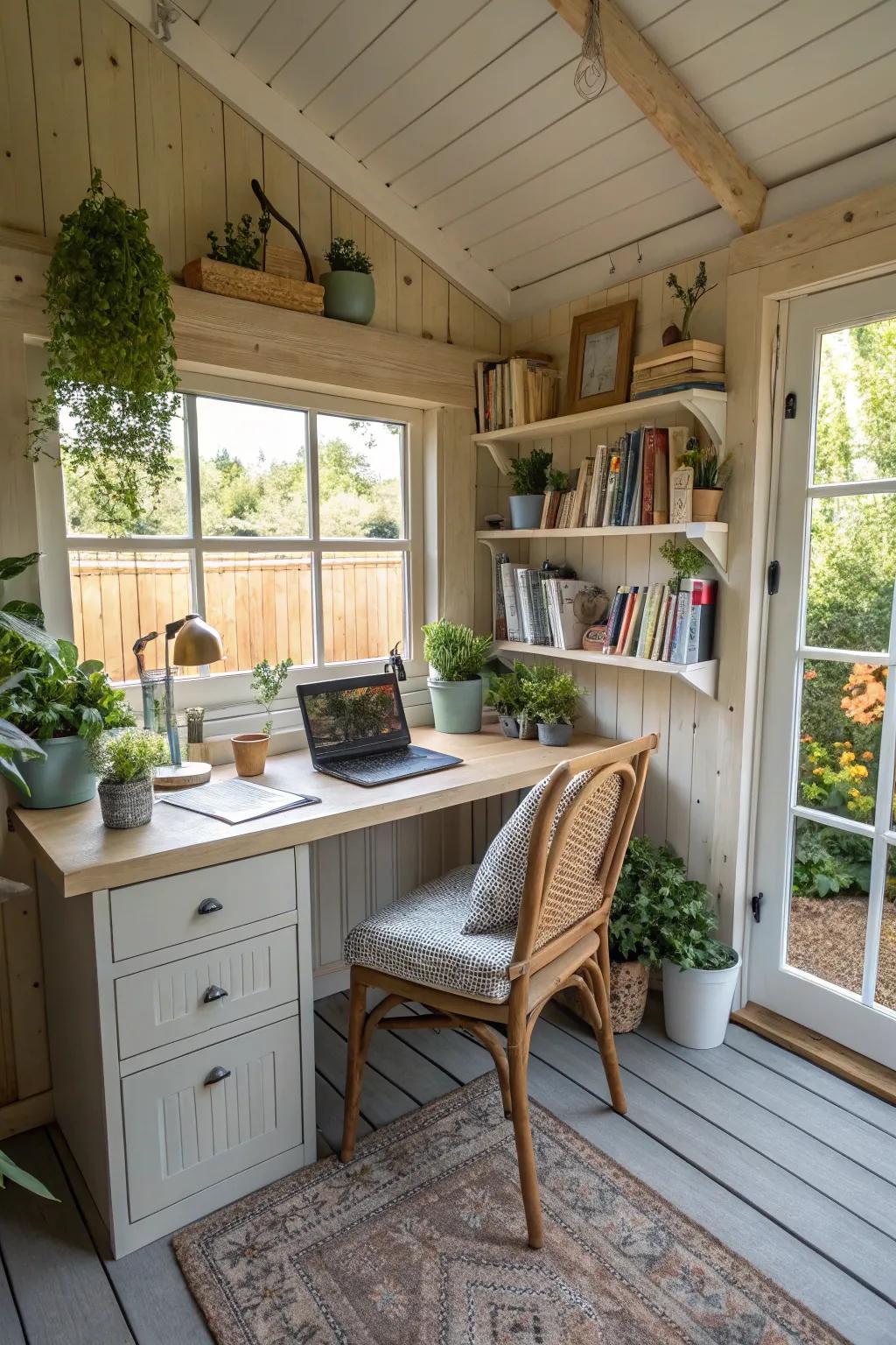 An outdoor shed transformed into a serene home office.