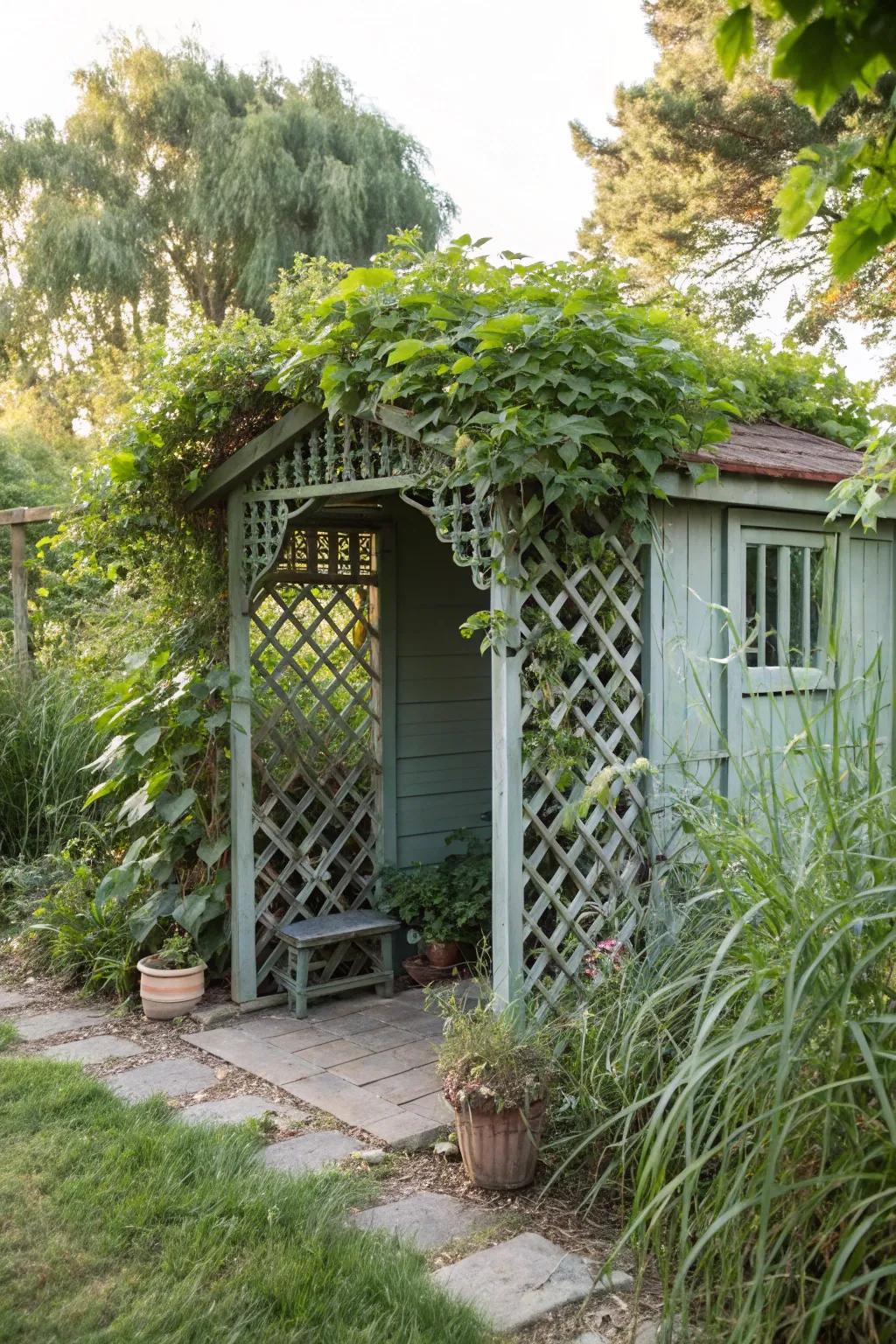 A structure in a quiet nook gives a private garden escape.