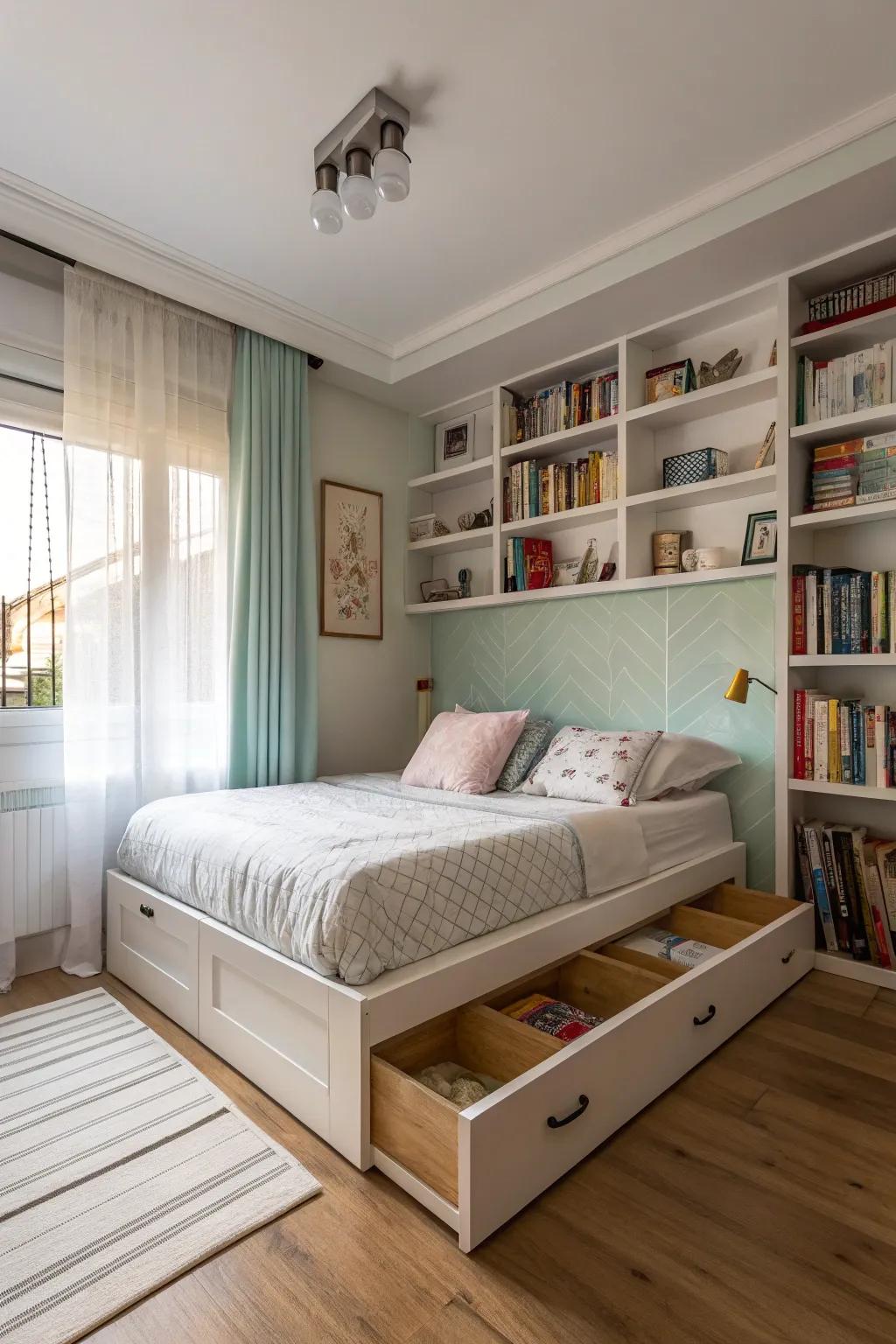 Under-bed displays for hidden storage.