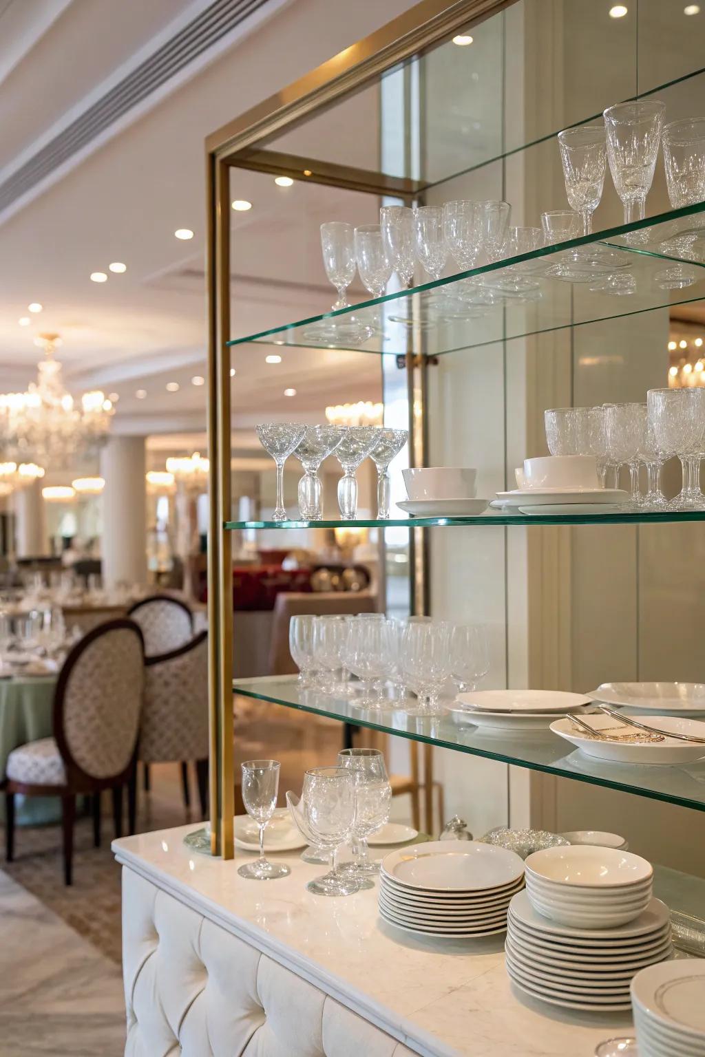 Glass shelves enhance the dining room.