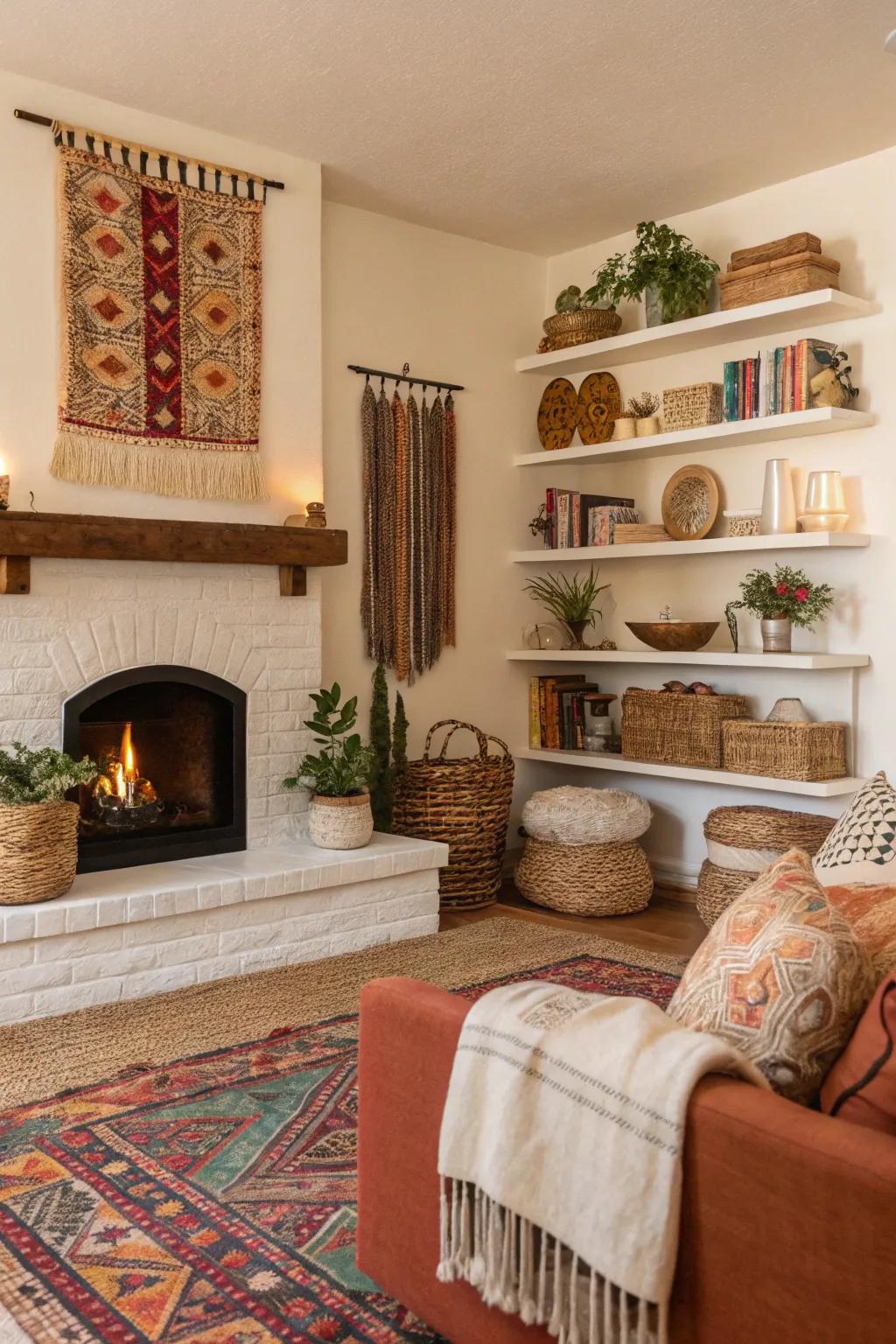 Vibrant energy in the living space with bohemian decor.