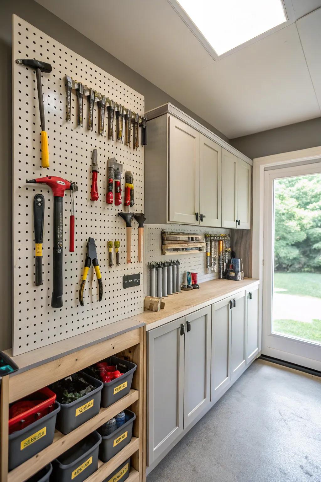 Pegboard integrated into laundry room shelving, providing flexible and organized storage for tools.