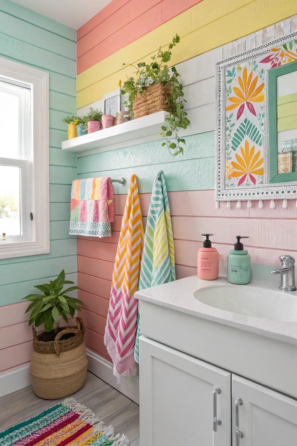 A bathroom enhanced with a vibrant plank feature wall to add vibrancy.