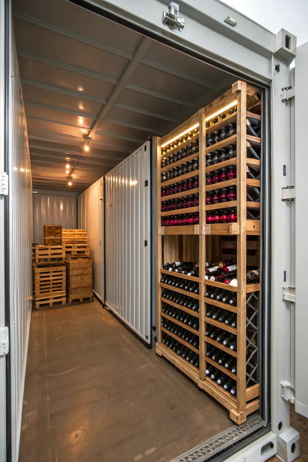 A wine storage oasis crafted inside a shipping container.