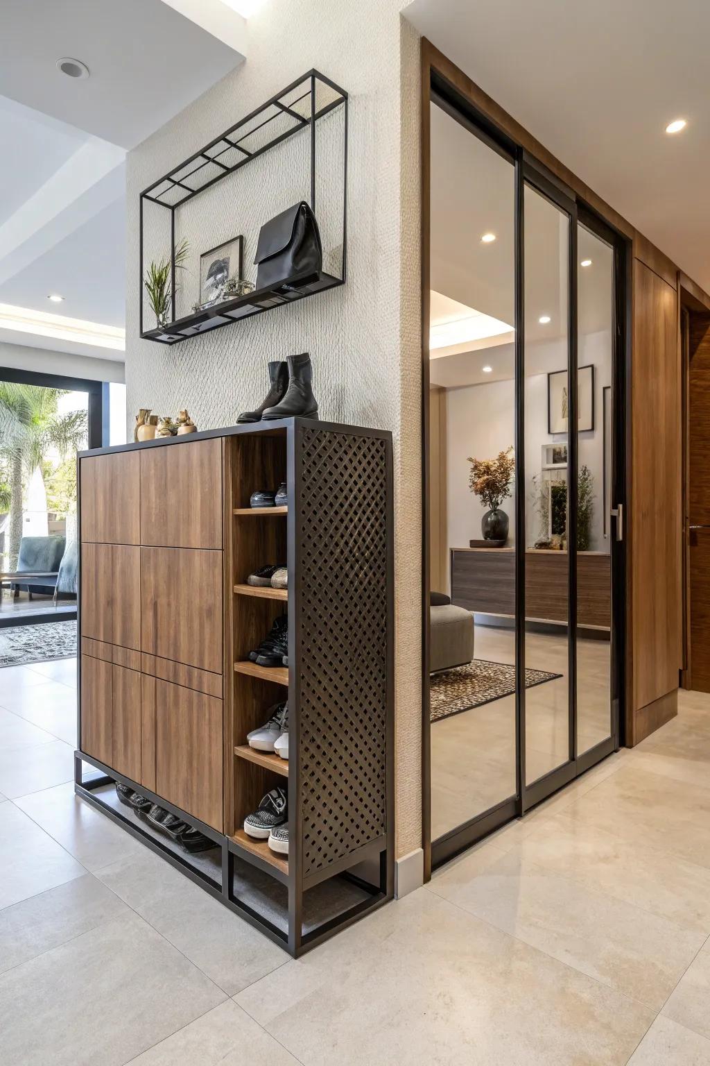 Mixing materials creates a visually interesting shoe cabinet.